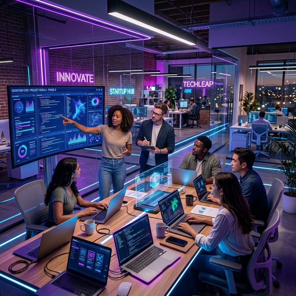 Diverse team collaborating in a bright modern workspace
