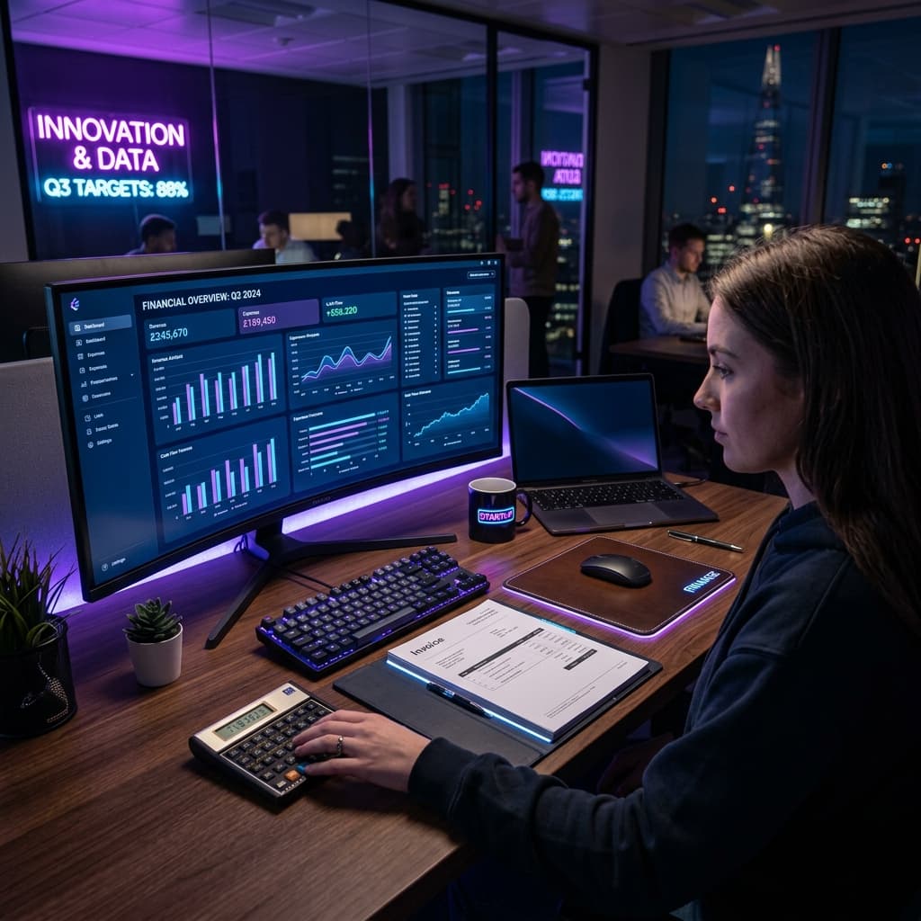 Finance workspace with invoices and calculator